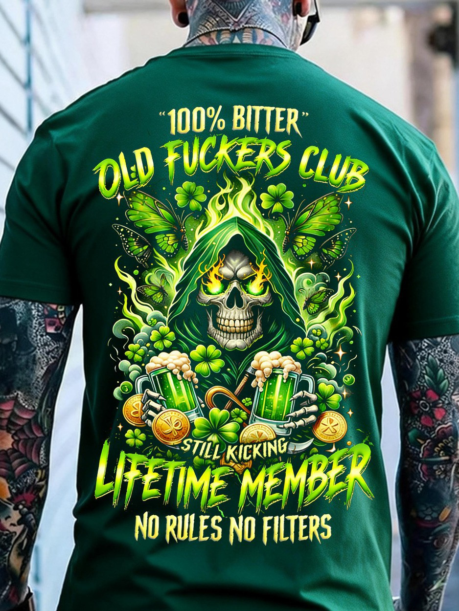 100 Percent Bitter Old Club Grim Reaper St Patricks Day Graphic T-Shirt Funny Irish Skull Tee Gift For Him