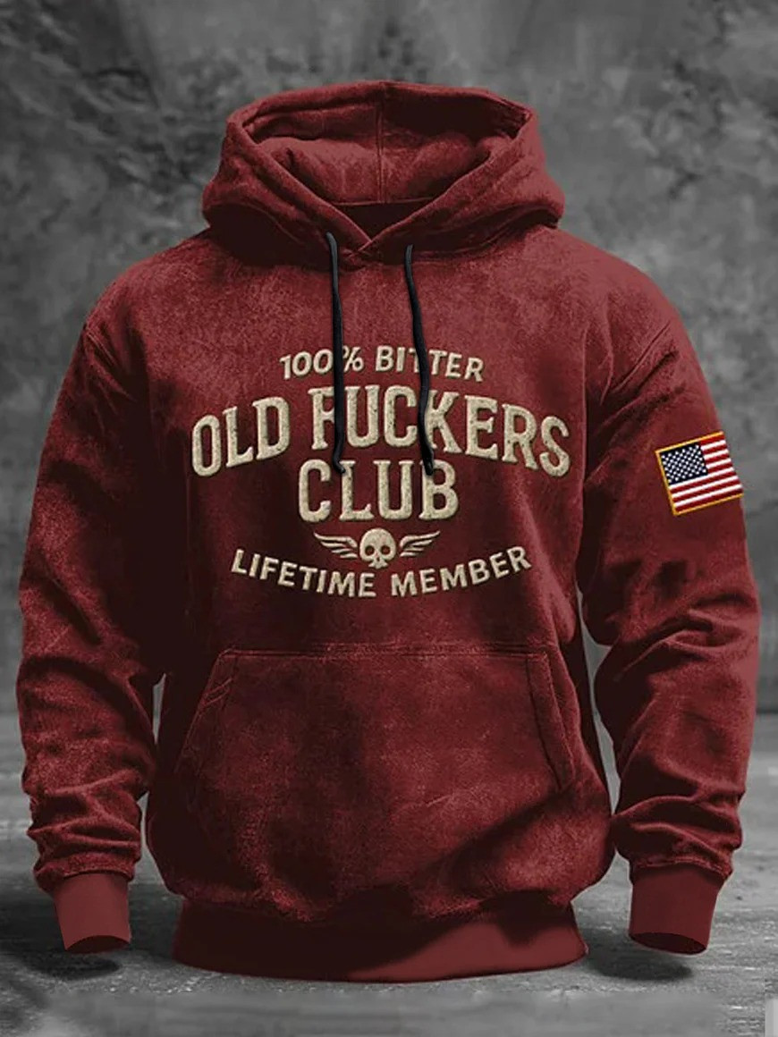 100 Percent Bitter Old Fuckers Club Lifetime Member Hoodie Vintage Washed Red Skull Gift For Men