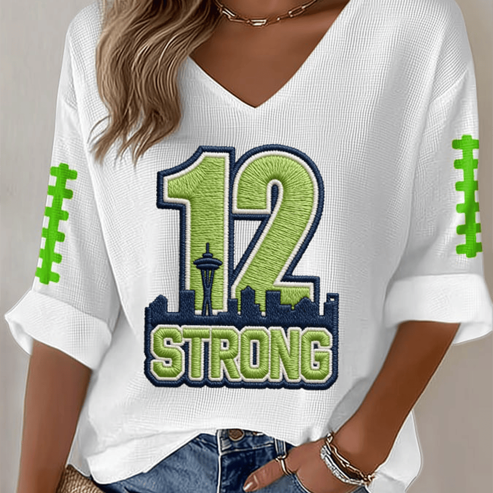 12 Strong Seattle Seahawks V-Neck Long Sleeve Shirt Game Day Football Merch