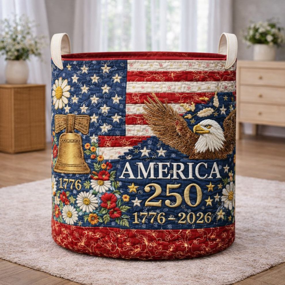 1776 2026 250th Anniversary America Quilted Laundry Basket Bald Eagle Liberty Bell Patriotic Gift
