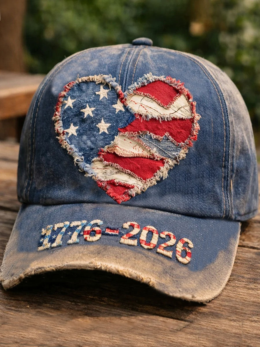 1776 2026 250th Anniversary American Heart Denim Baseball Hat Patriotic Vintage Cap Gift