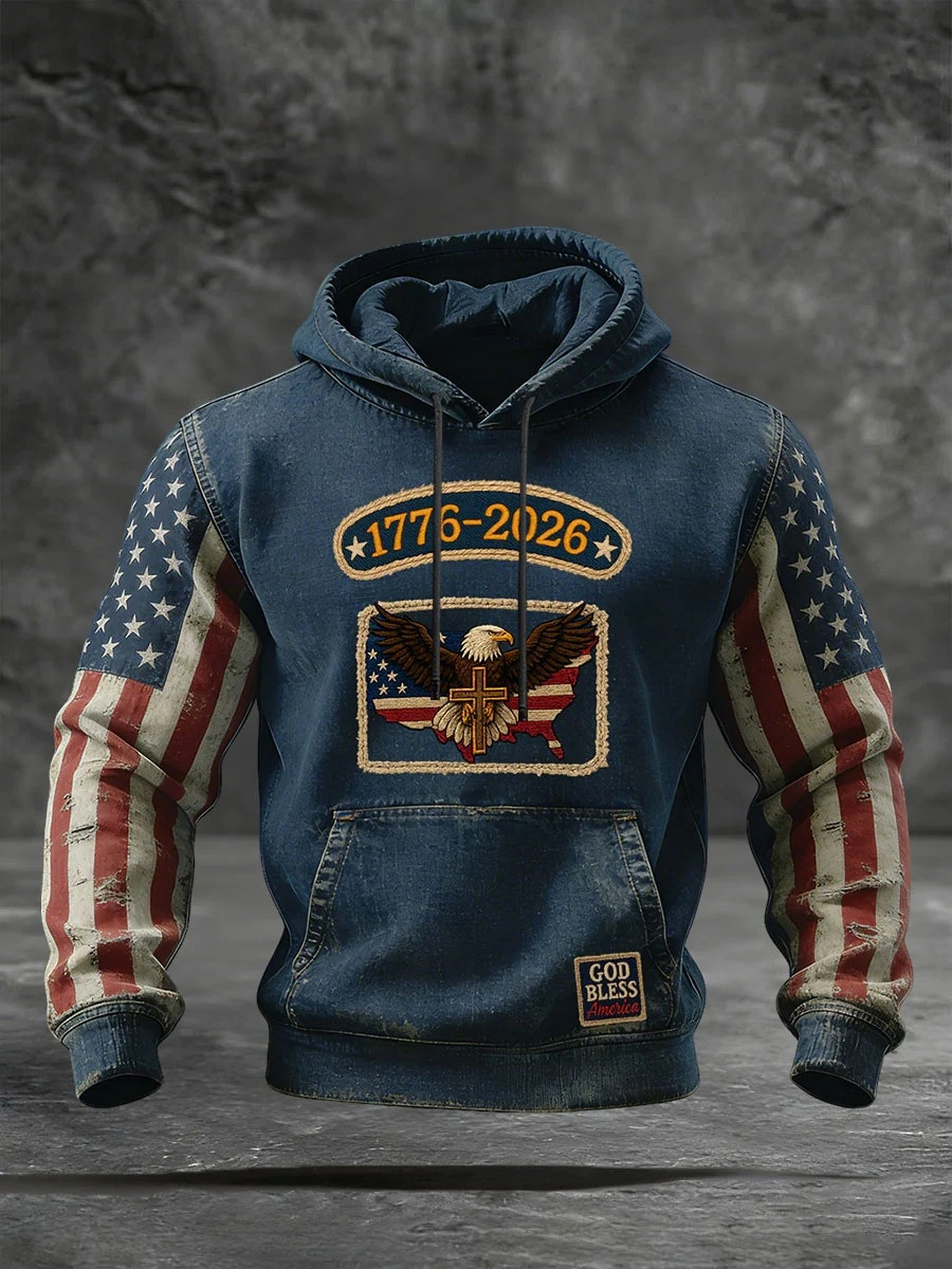 1776 2026 250th Anniversary Eagle Denim Hoodie God Bless America Patriotic Hoodies Men Gift