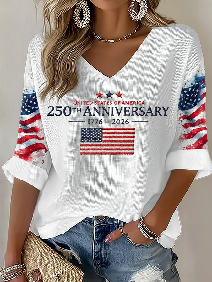 1776 2026 250th Anniversary Long Sleeve V-Neck Shirt United States Of America USA Patriotic Gift