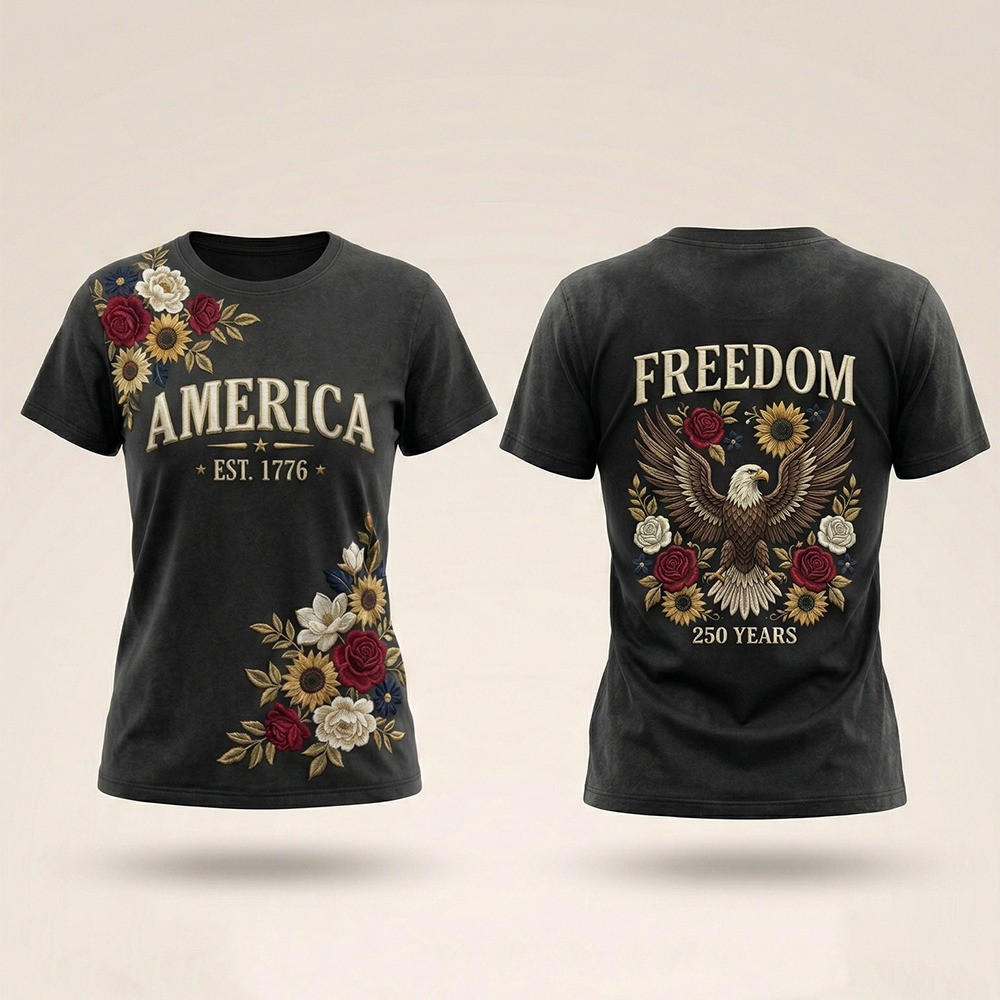 1776 2026 250th Anniversary T Shirt Patriotic America Est 1776 Freedom Floral Gift For Her