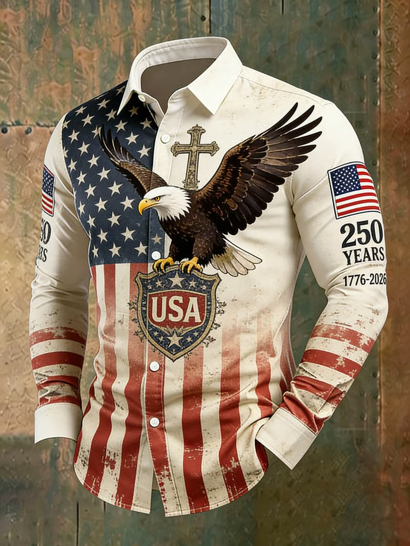 1776 2026 250th Anniversary USA Eagle Long Sleeve Button Shirt Patriotic Best Gift For Americans