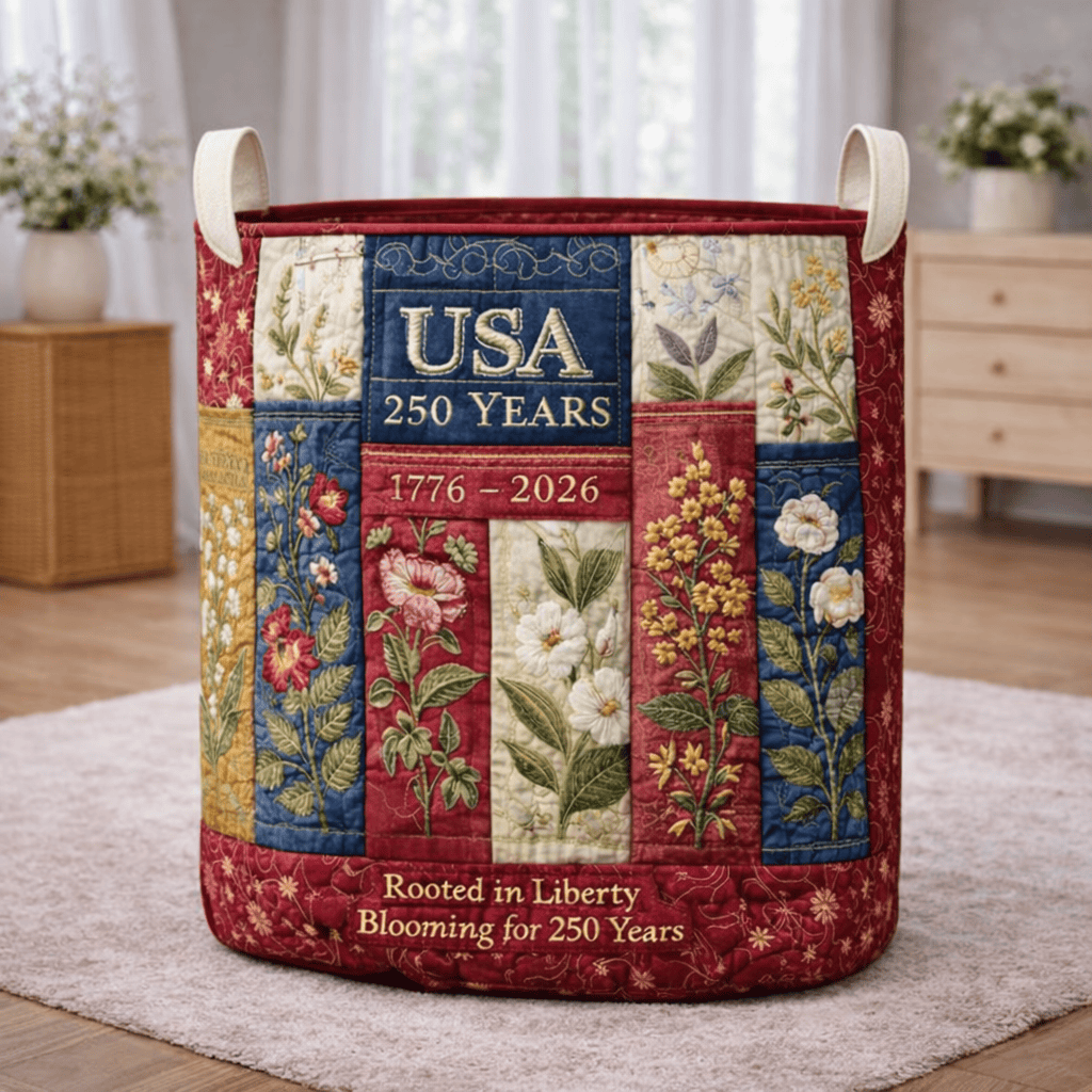 1776 2026 250th Anniversary USA Quilted Laundry Basket Patriotic Floral Home Decor Gift For Family