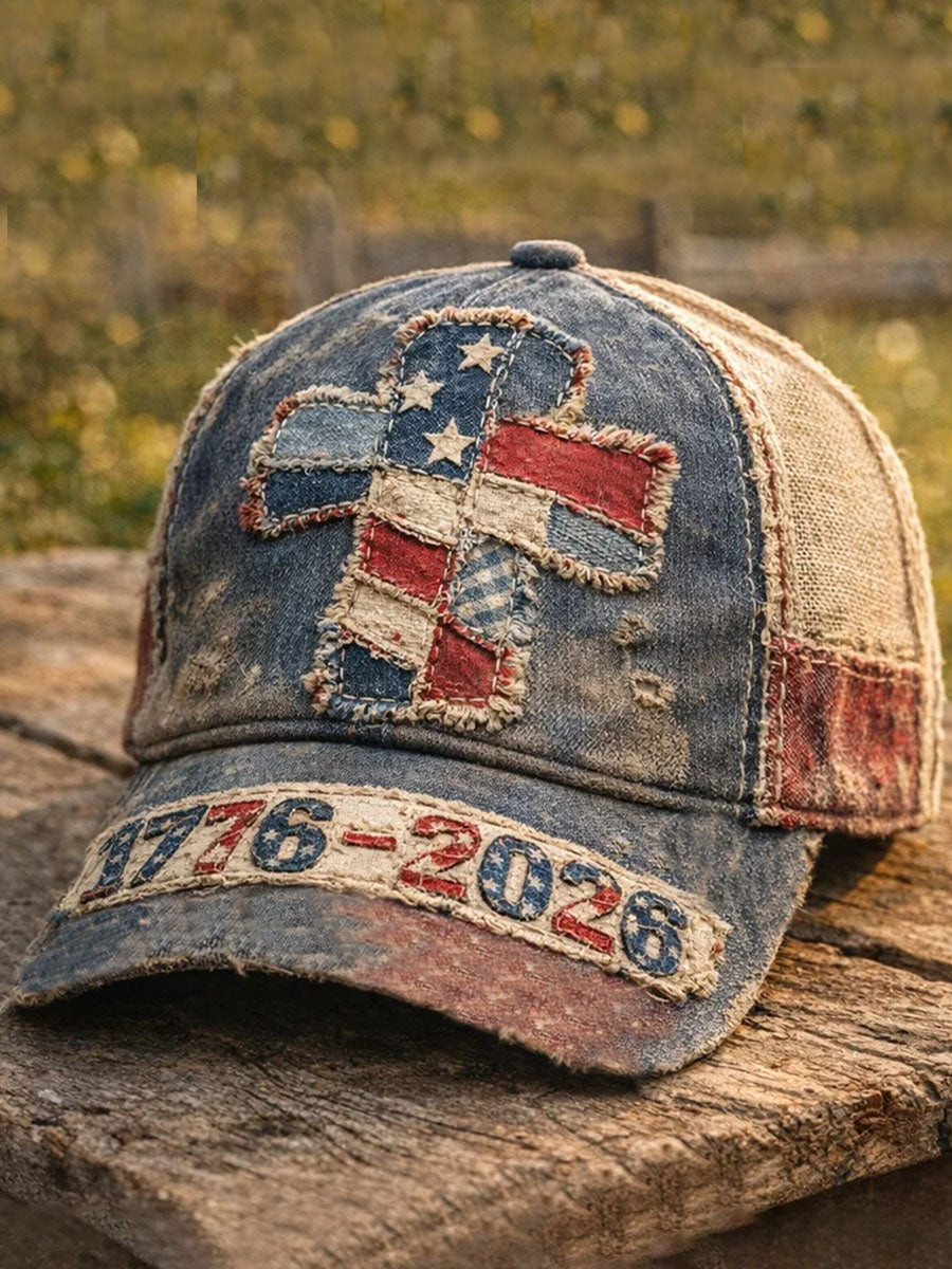 1776 2026 American Flag Cross Denim Baseball Hat 250th Anniversary Patriotic Cap Gift