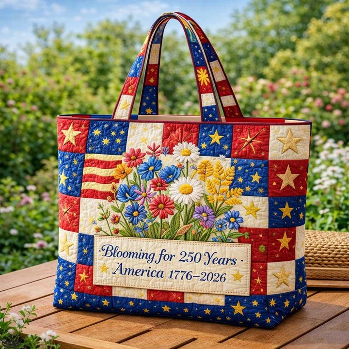 1776 2026 Blooming For 250 Years America Quilted Tote Bag Patriotic Wildflower Lover Gift For Mom