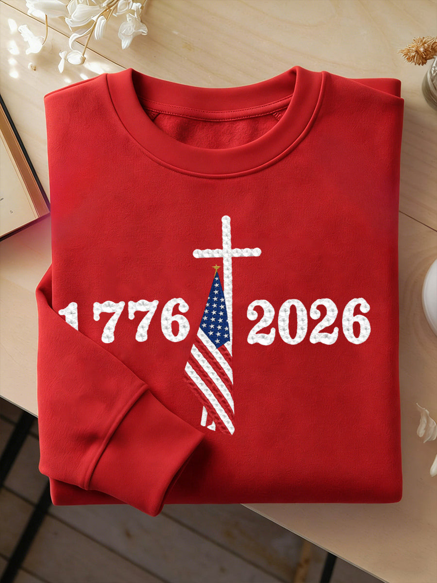 1776 2026 Cross American Flag Sweatshirt Christian Patriotic USA Faith Shirt Gift For Her