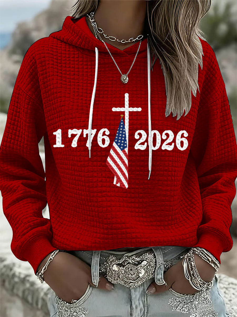 1776 2026 Cross American Flag Waffle Hoodie Christian Patriotic USA Faith Clothes Gift For Her