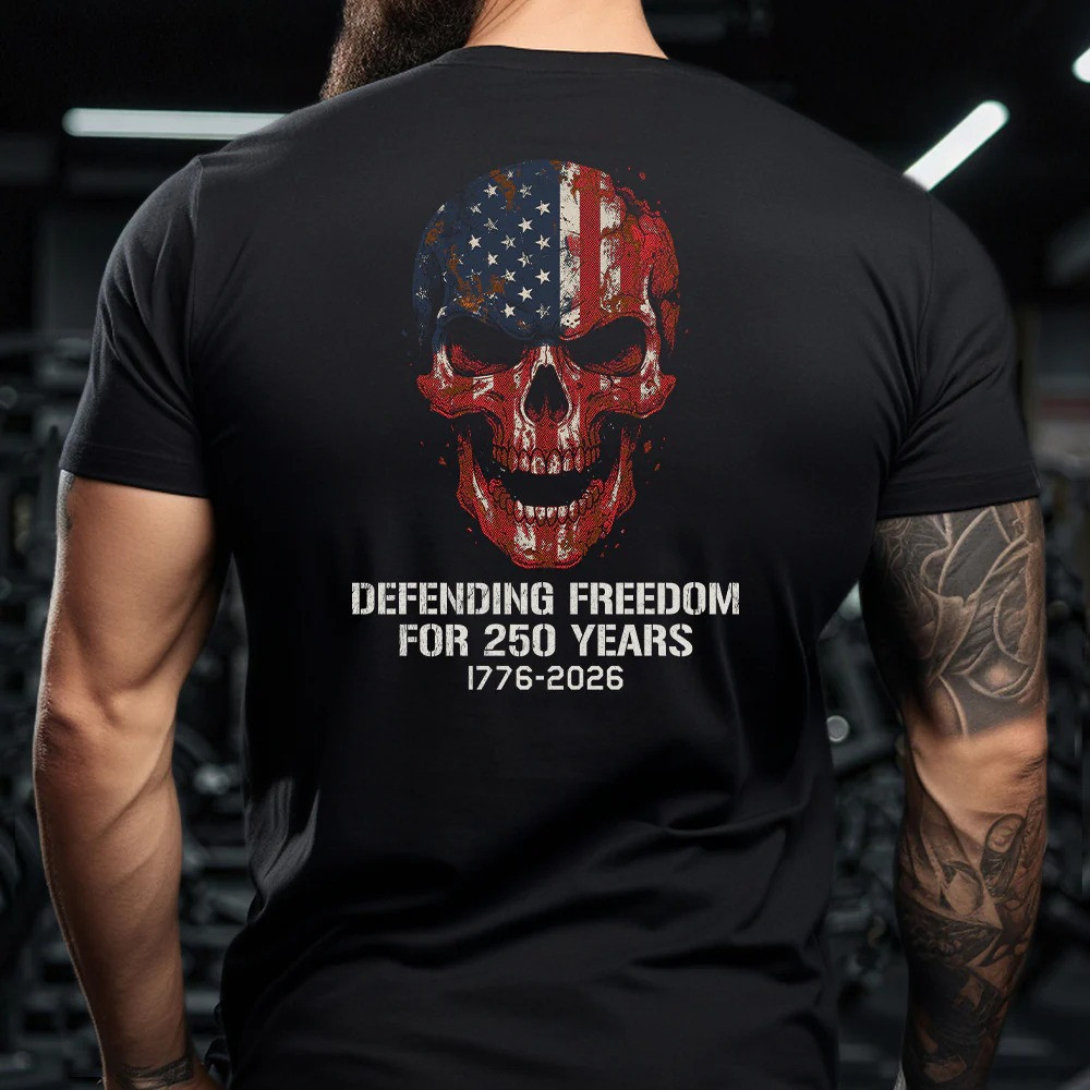 1776 2026 Defending Freedom For 250 Years Skull T-Shirt Patriotic Warrior Apparel Best Gift For USA