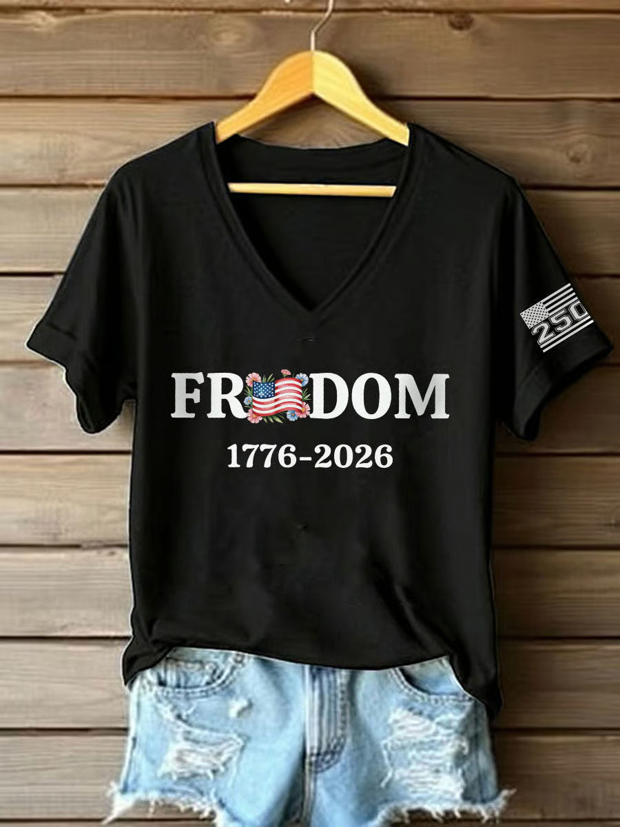 1776 2026 Freedom V-Neck T-Shirt USA 250th Anniversary Shirt Women's Patriotic Clothing
