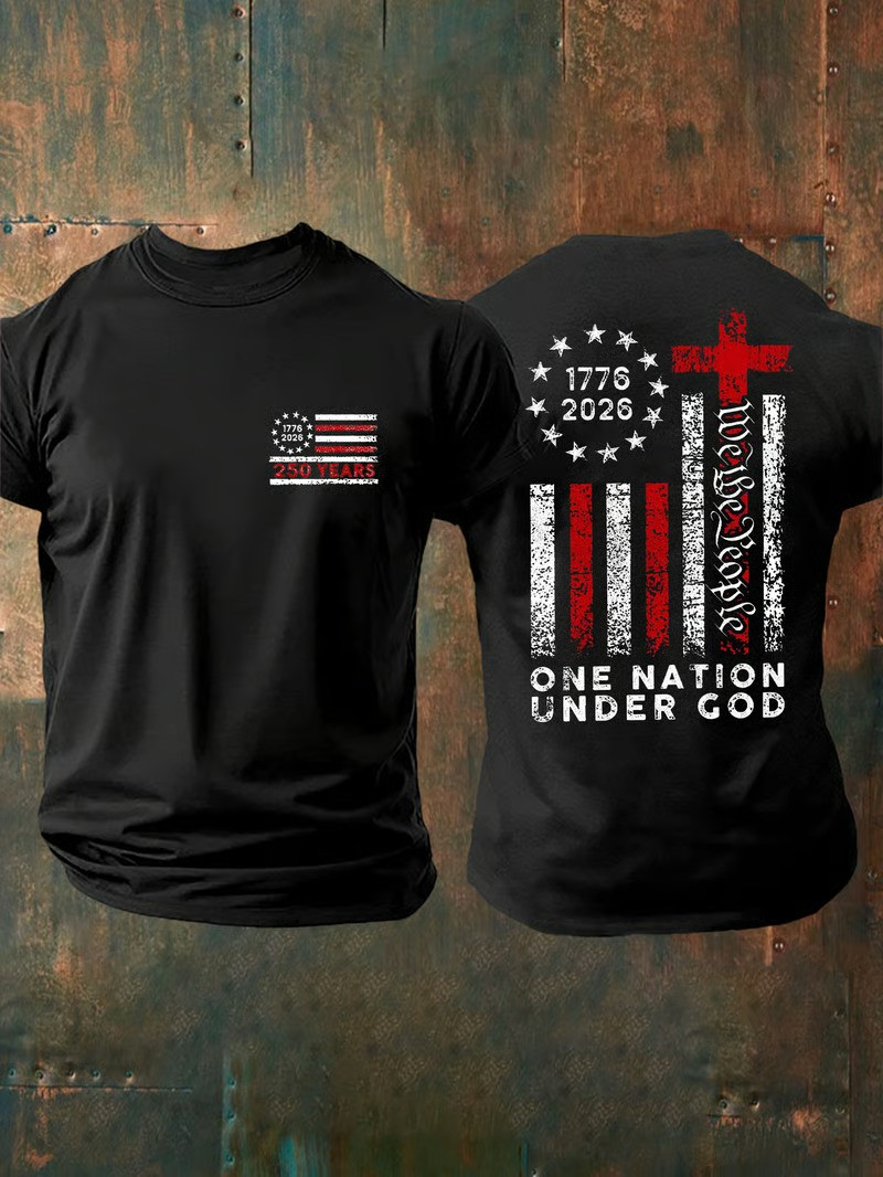 1776 2026 One Nation Under God American Flag Cross T-Shirt Patriotic Christian Tee Best Gift For Family