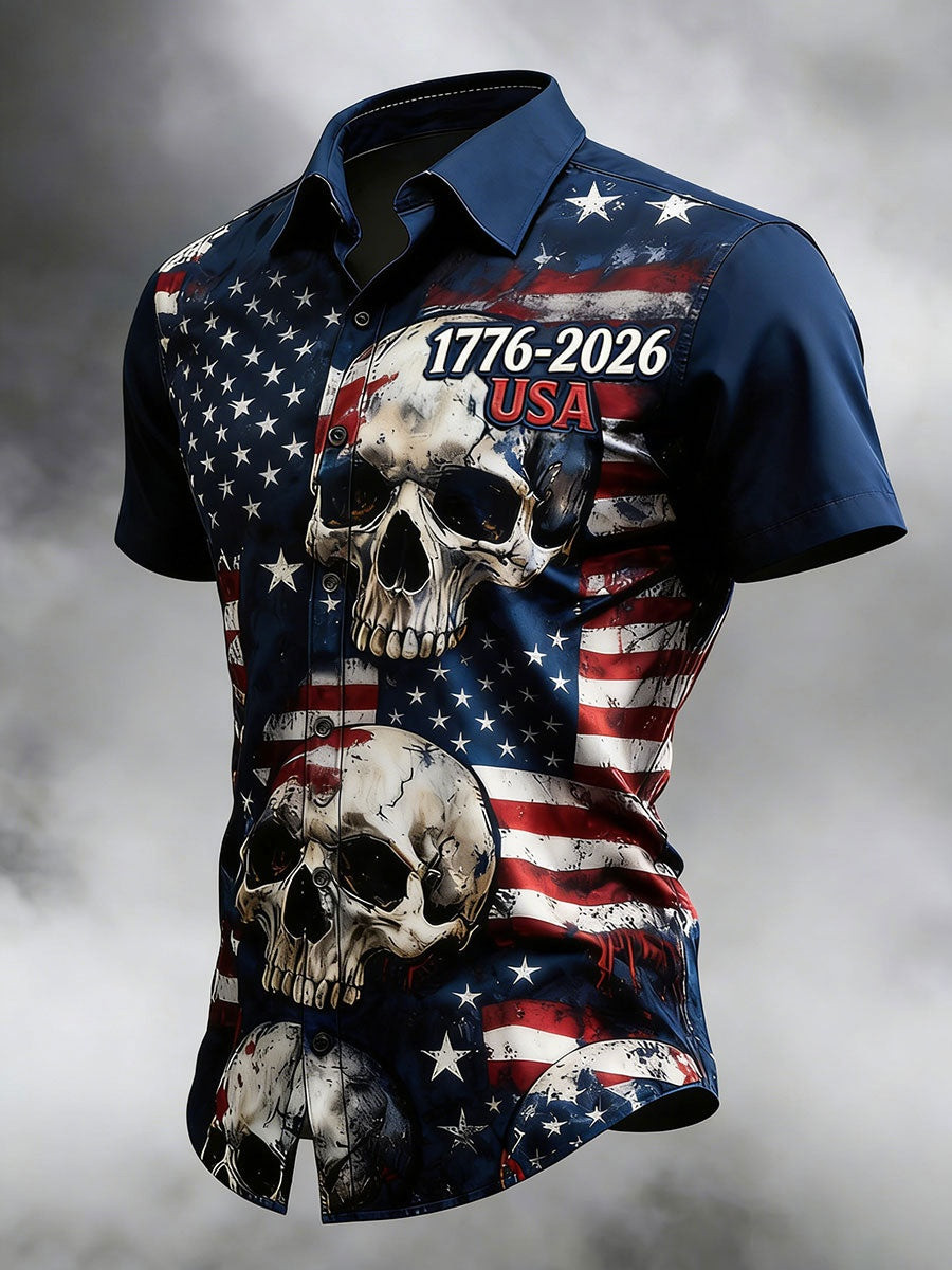 1776 2026 Skull American Flag Button Up Shirt Mens Shirts 250th Anniversary Patriotic Gift