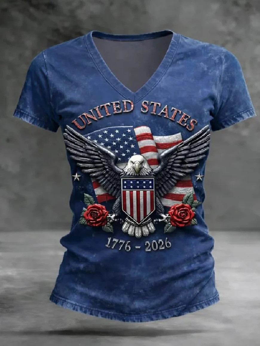 1776-2026 United States Eagle V-Neck Shirt Vintage American Flag Tee Gift For Mom