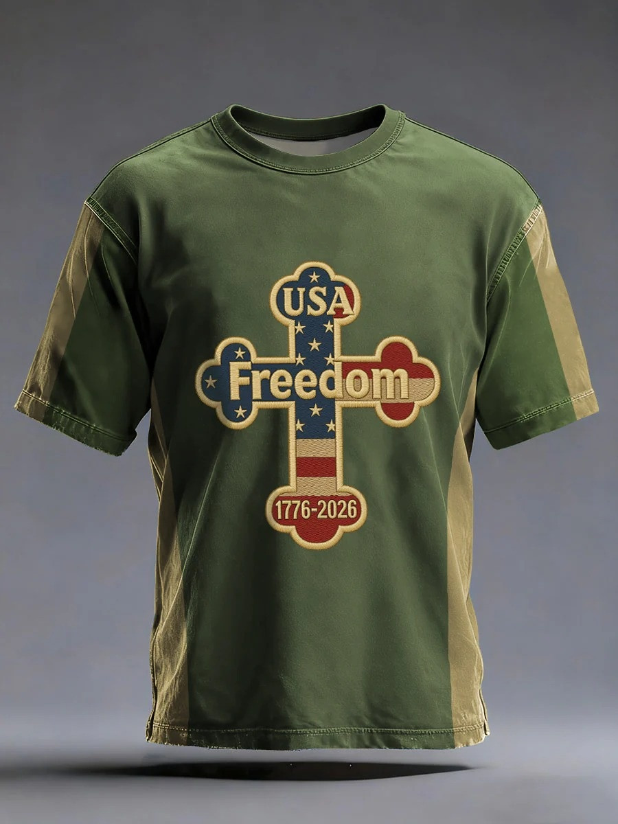 1776 2026 USA Freedom Cross T-Shirt Men Christian Patriot Apparel Best Gift For Believers