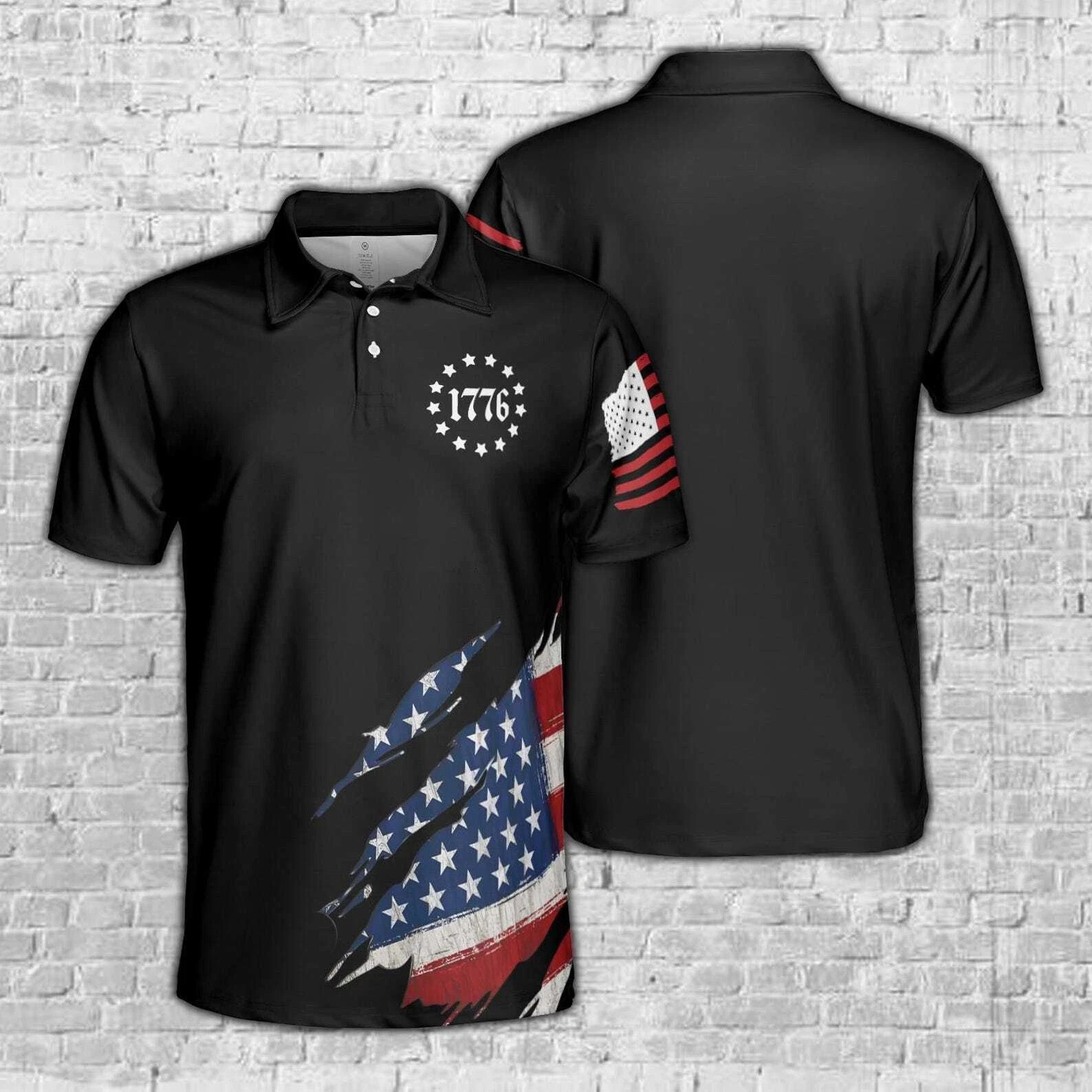 1776 American Flag Fourth Of July Patriotic Memorial Day USA Polo Shirt Dad Gifts