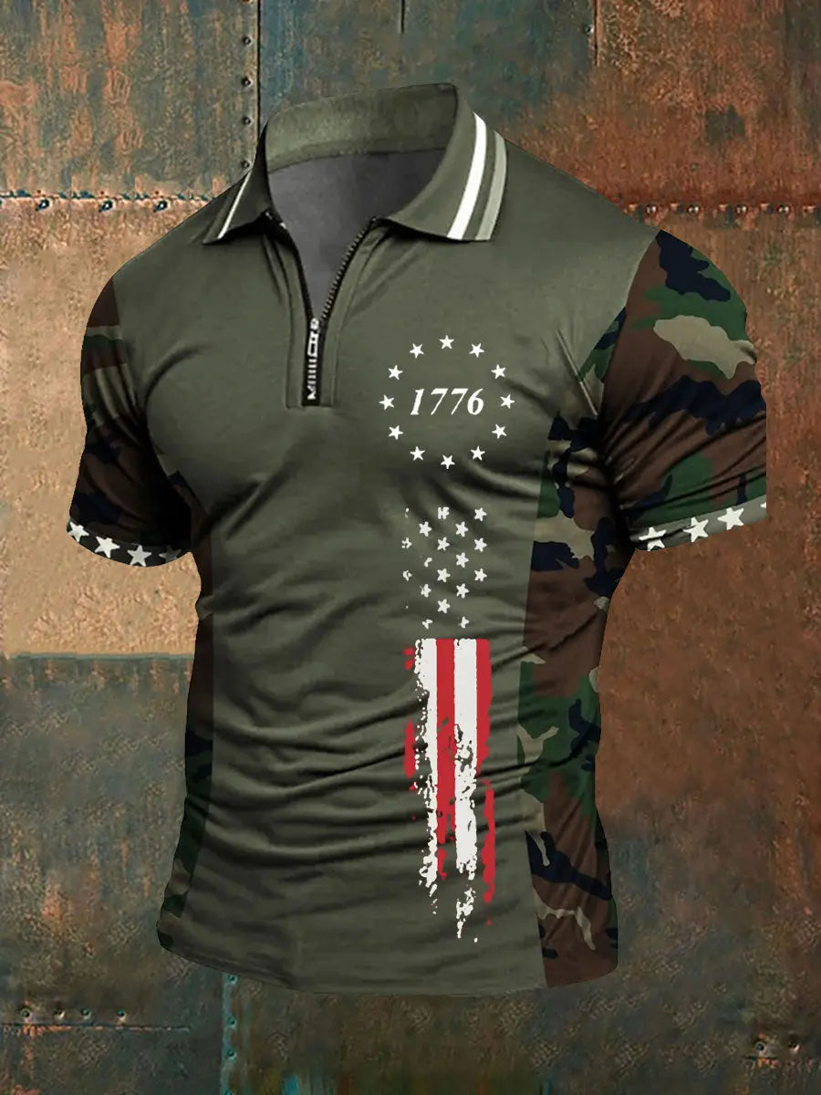 1776 American Flag Men's Zip Polo Shirt Patriotic Gift for USA Supporters