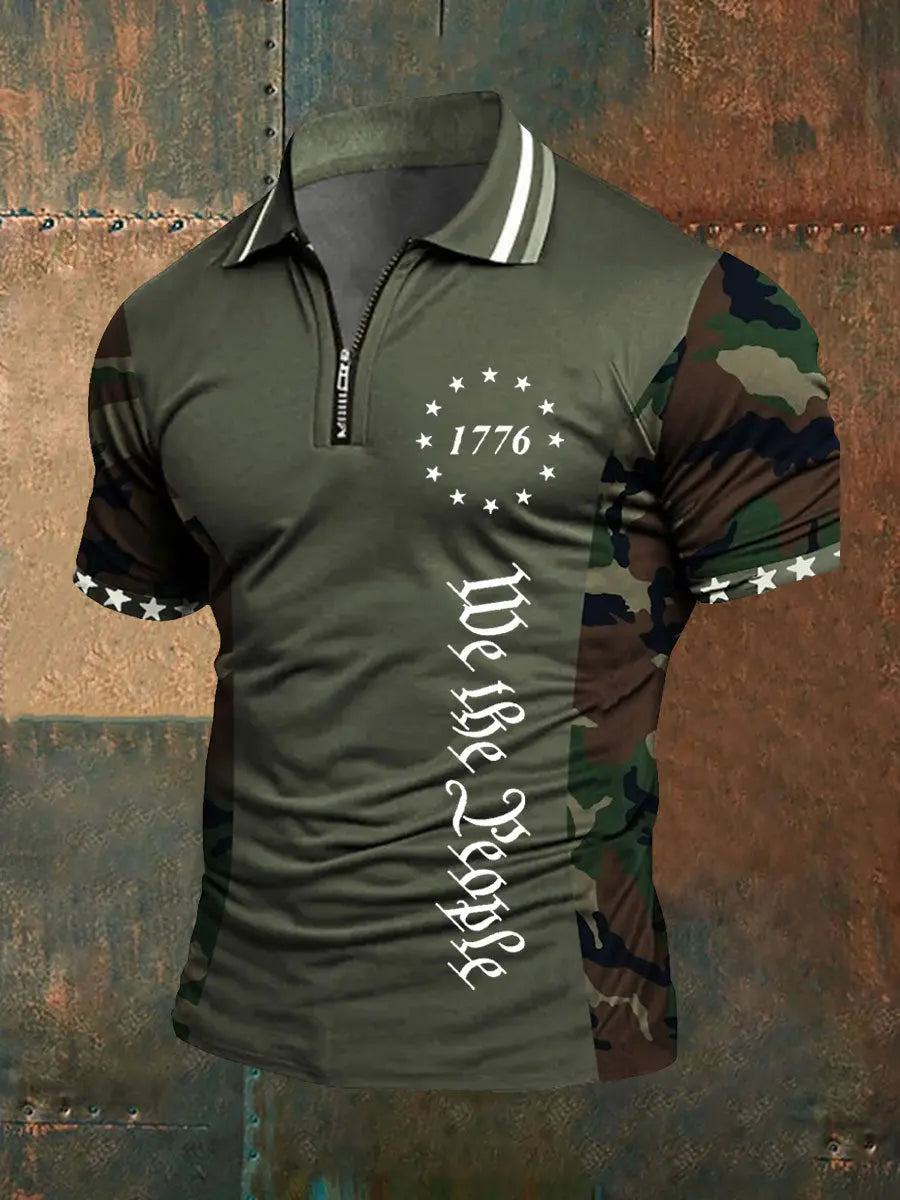 1776 We The People Men's Zip Polo Shirt Patriotic Gift for American Pride
