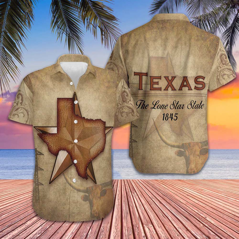 1845 The Lone Star State Texas Hawaiian Shirt Old Vintage Texas Longhorn Shirt For Men