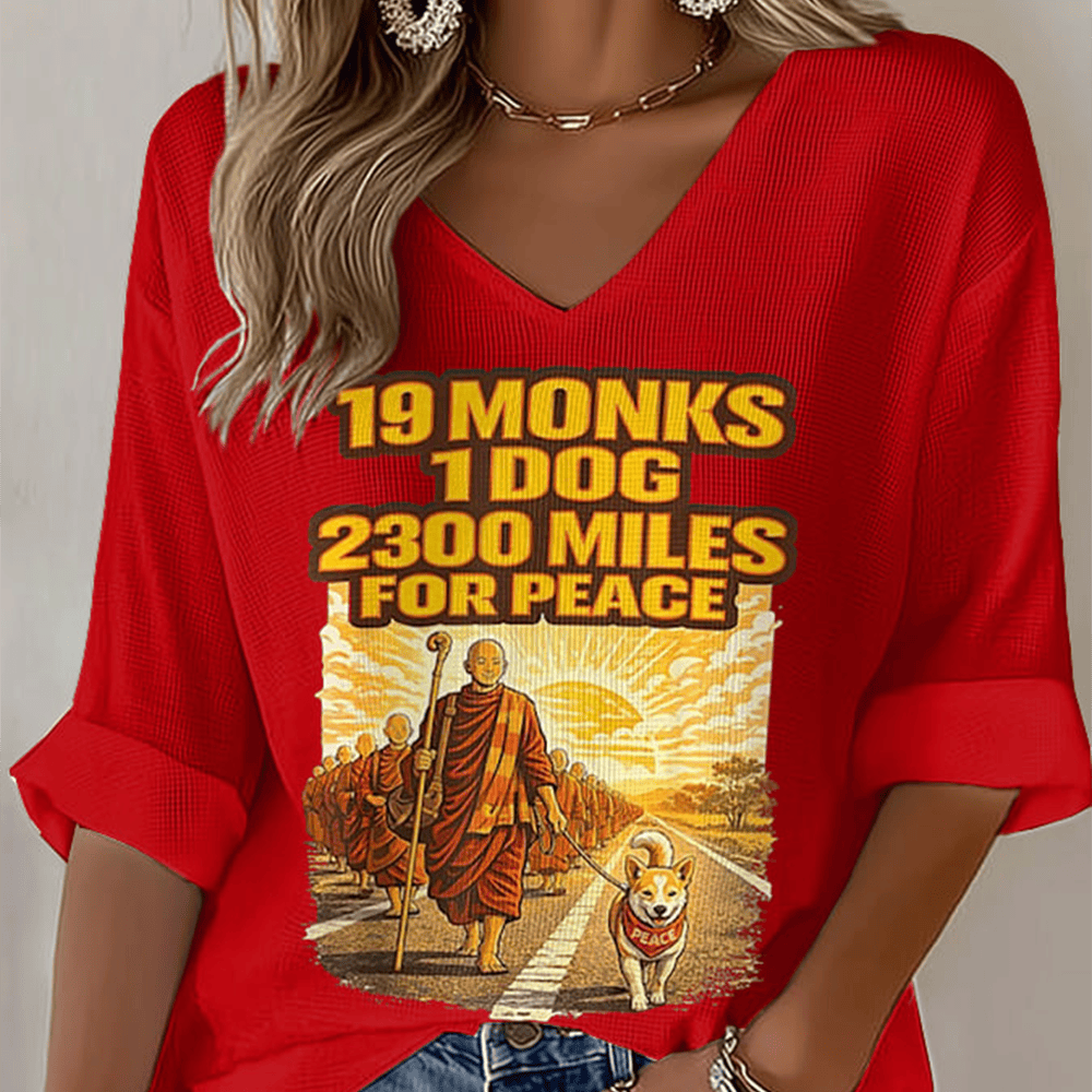 19 Monks 1 Dog 2300 Miles For Peace V-Neck Long Sleeve Shirt Story Of Aloka Merch Gift For Wife