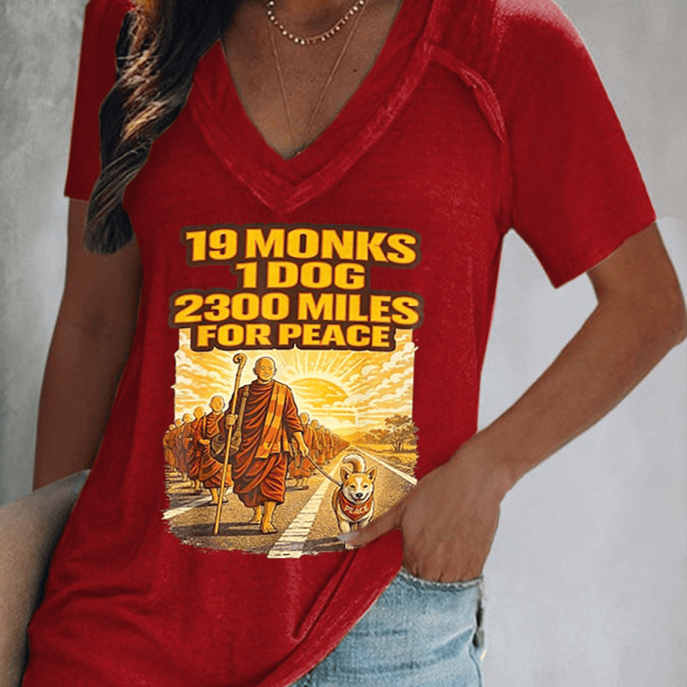 19 Monks 1 Dog 2300 Miles For Peace V-Neck Shirt Walk For Peace Clothing Dog Lover Gifts