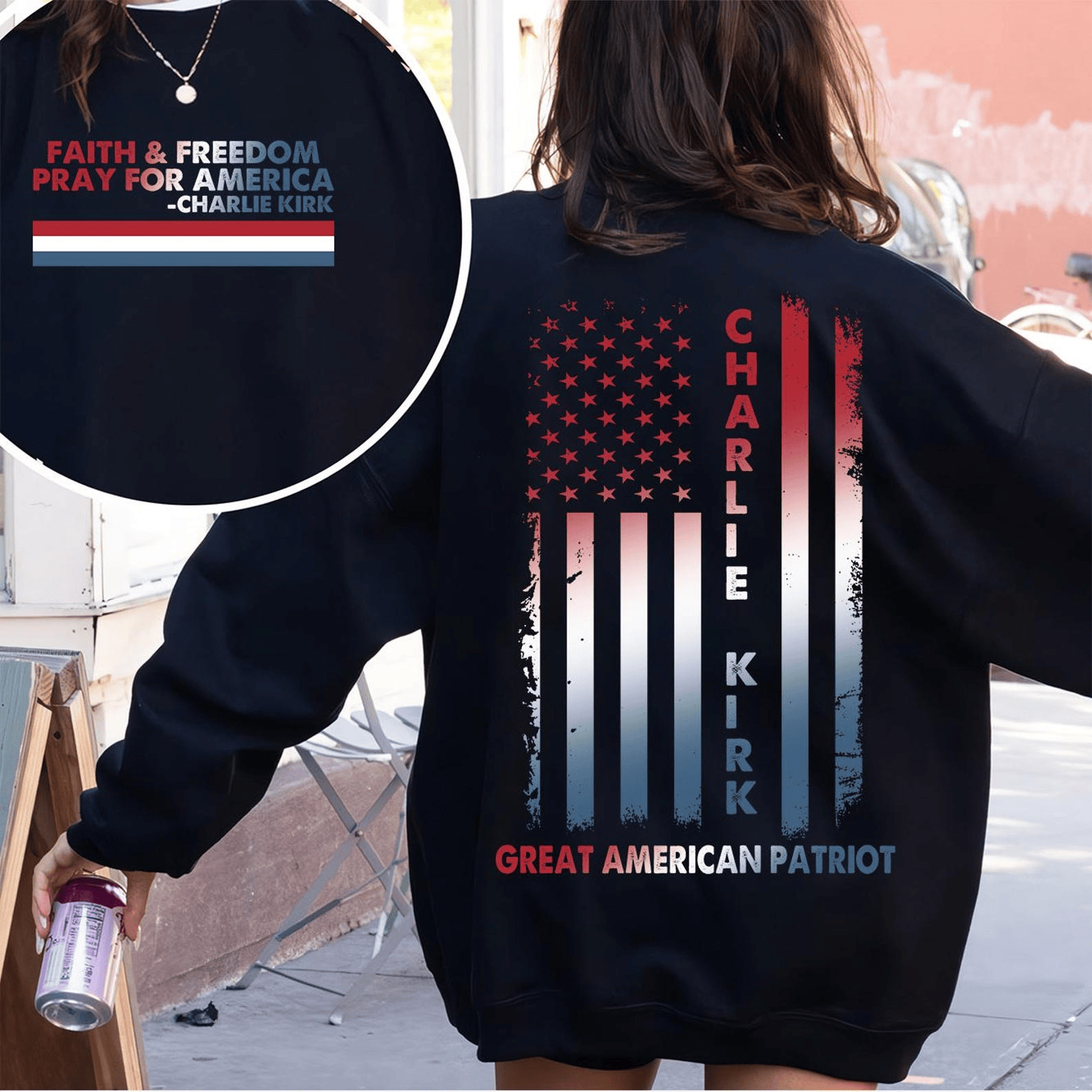 2 Sides Charlie Kirk Sweatshirt Never Give Up Never Surrender Crewneck