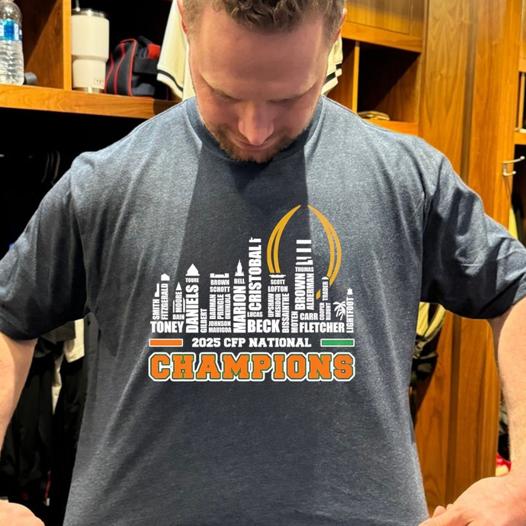 2025-26 CFP National Champions Miami Football Players Names City Skyline Shirt