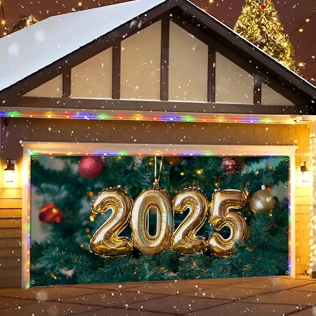 2025 Balloon On Pine Tree Christmas Garage Door Cover Home Decoration Christmas Presents
