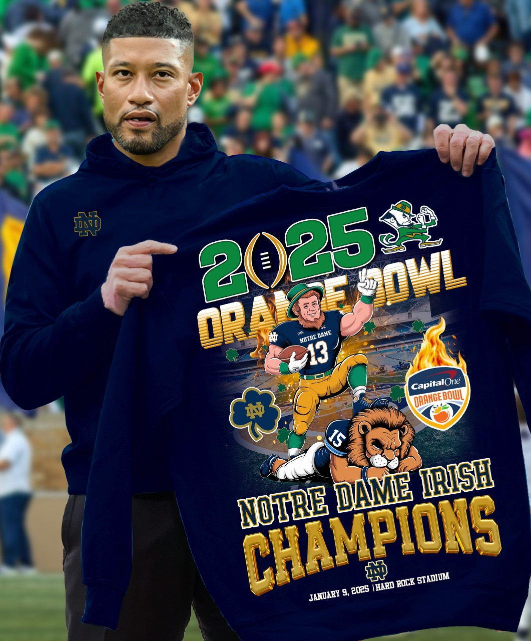 2025 Orange Bowl Sweatshirt Notre Dame Irish Champions Mascot Long Sleeve Gifts For Fans