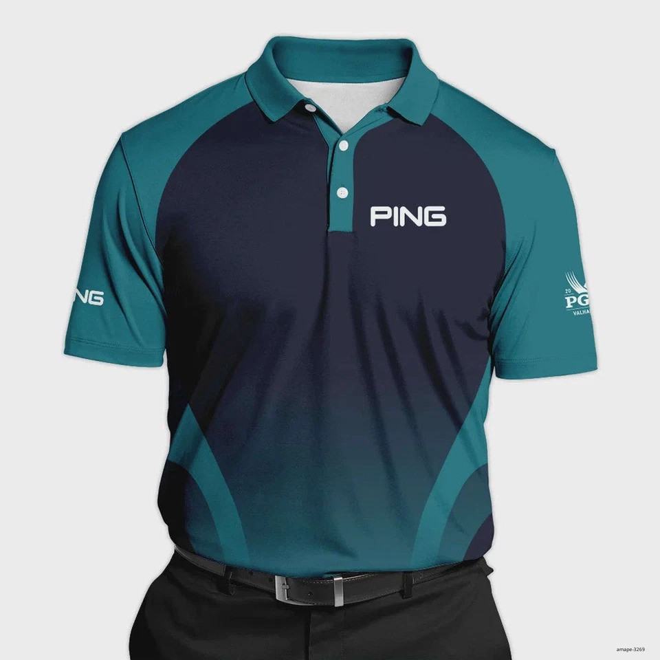 2025 PGA Ping Golf Shirt Dark Cyan And Navy Polo Shirt Golfers Gifts