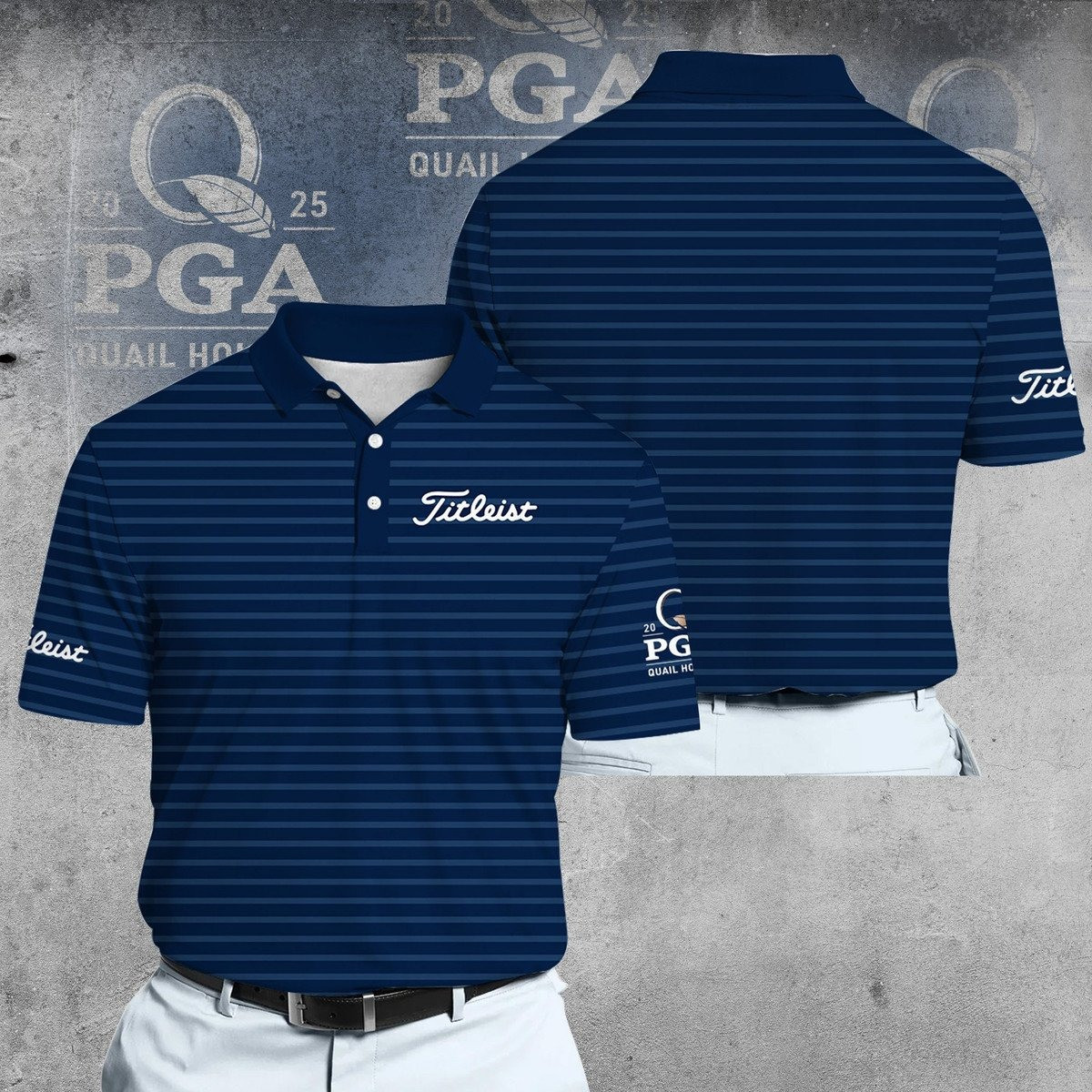 2025 PGA QUAIL HOLLOW Horizontal Striped Blue Dynamic Microfiber Men Polo Shirt Golf Gifts For Golfers