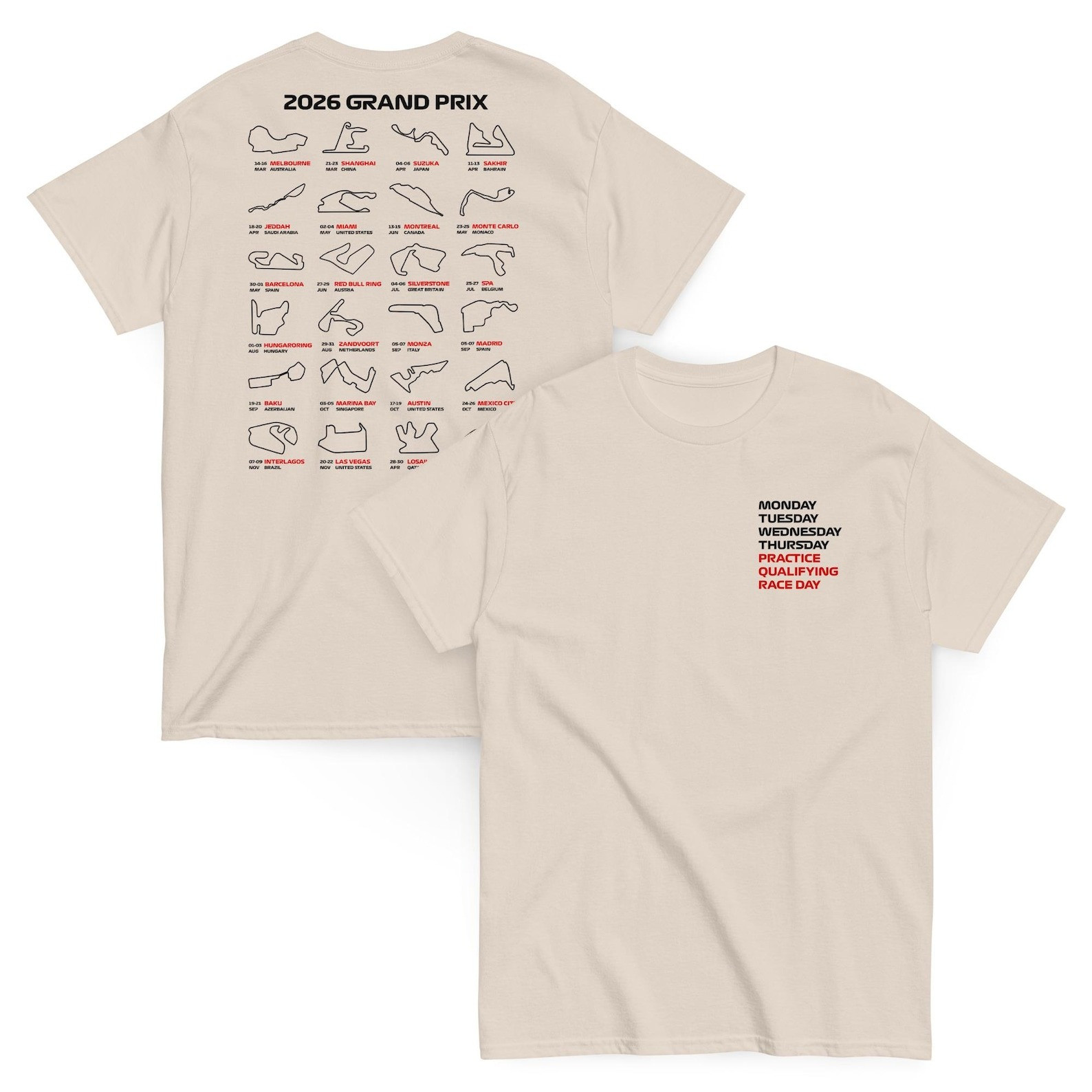 2026 F1 Race Season Calendar T-Shirt Formula One Motorsport Fan Apparel Best Gift For F1 Racing Fans