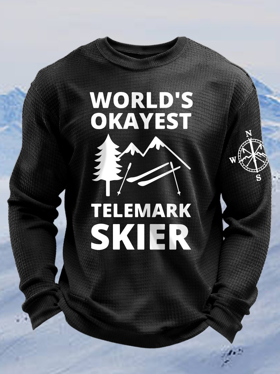 2026 USA Skiing Winter Olympics Waffle Long Sleeve T-Shirt Black World's Okayest Telemark Skier 2026 USA Skiing Winter Olympics Waffle Long Sleeve T-Shirt Black World's Okayest Telemark Skier