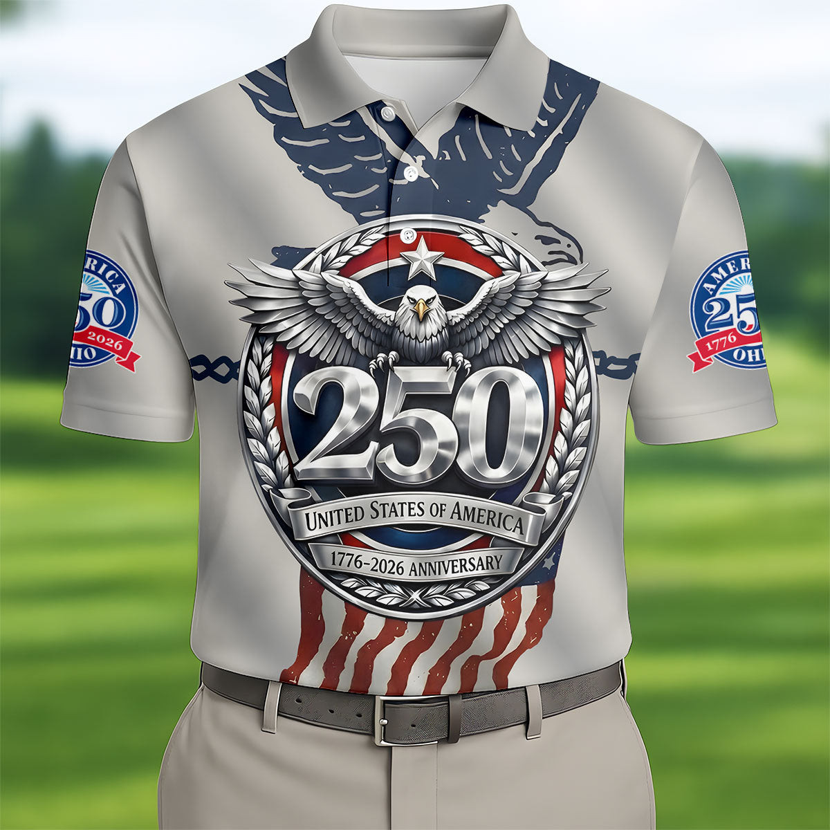 250 USA 1776 2026 Anniversary Golf Polo Shirt Patriotic Golf Shirts Golf Gift Ideas