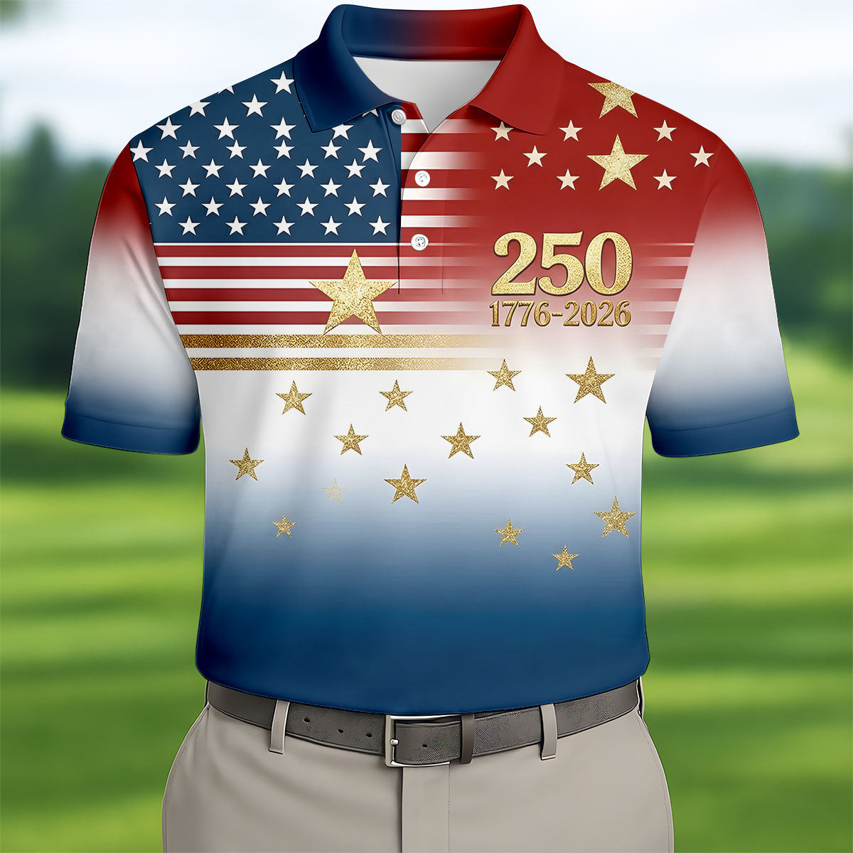 250 Years 1776 2026 Golden Star Golf Polo Shirt Patriotic Merch Fathers Day Golf