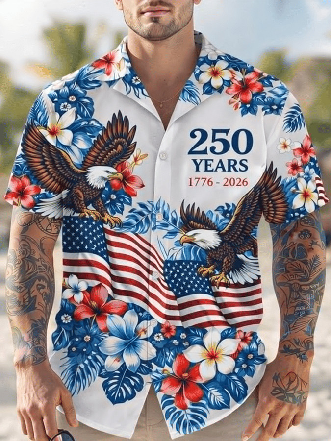 250 Years Anniversary Hawaiian Shirt Patriotic USA Flag With Floral Eagle Clothing Gift Ideas