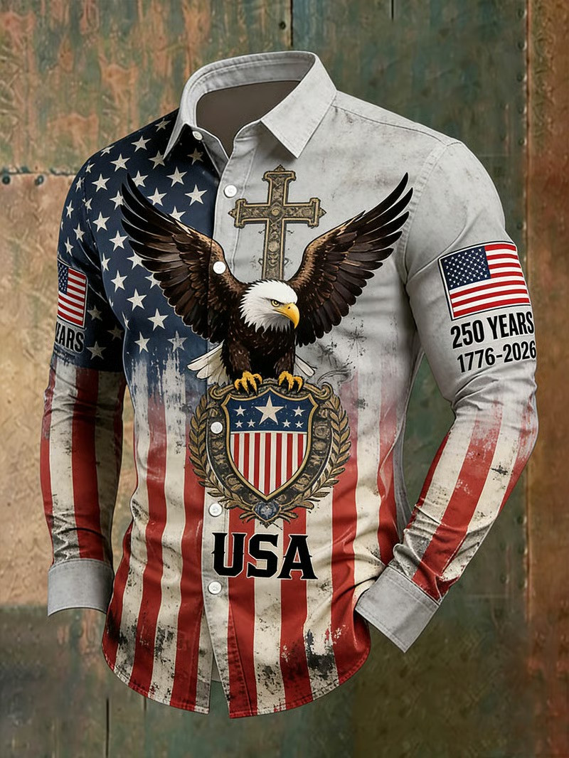 250 Years Anniversary Long Sleeve Button Up Shirt USA Flag Eagle 1776 2026 Merch Gift For Dad
