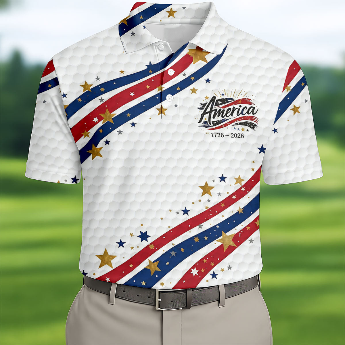 250 Years Of America Golf Shirt Red White Blue Wavy Stripes Pattern Merch Patriots Gifts For Dad