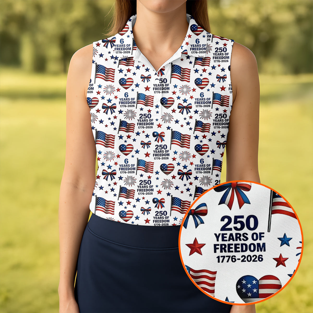 250 Years Of Freedom 1776 2026 Sleeveless Polo Shirt Golf Apparel Women Golf Gift Ideas