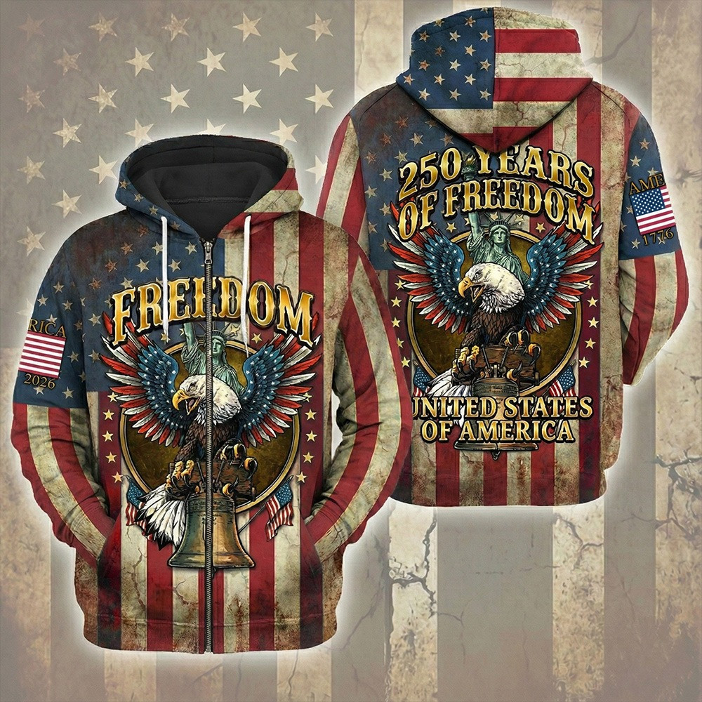 250 Years Of Freedom 1776 2026 USA Zip-Up Hoodie Patriotic Eagle Clothes Best Gift For Patriots