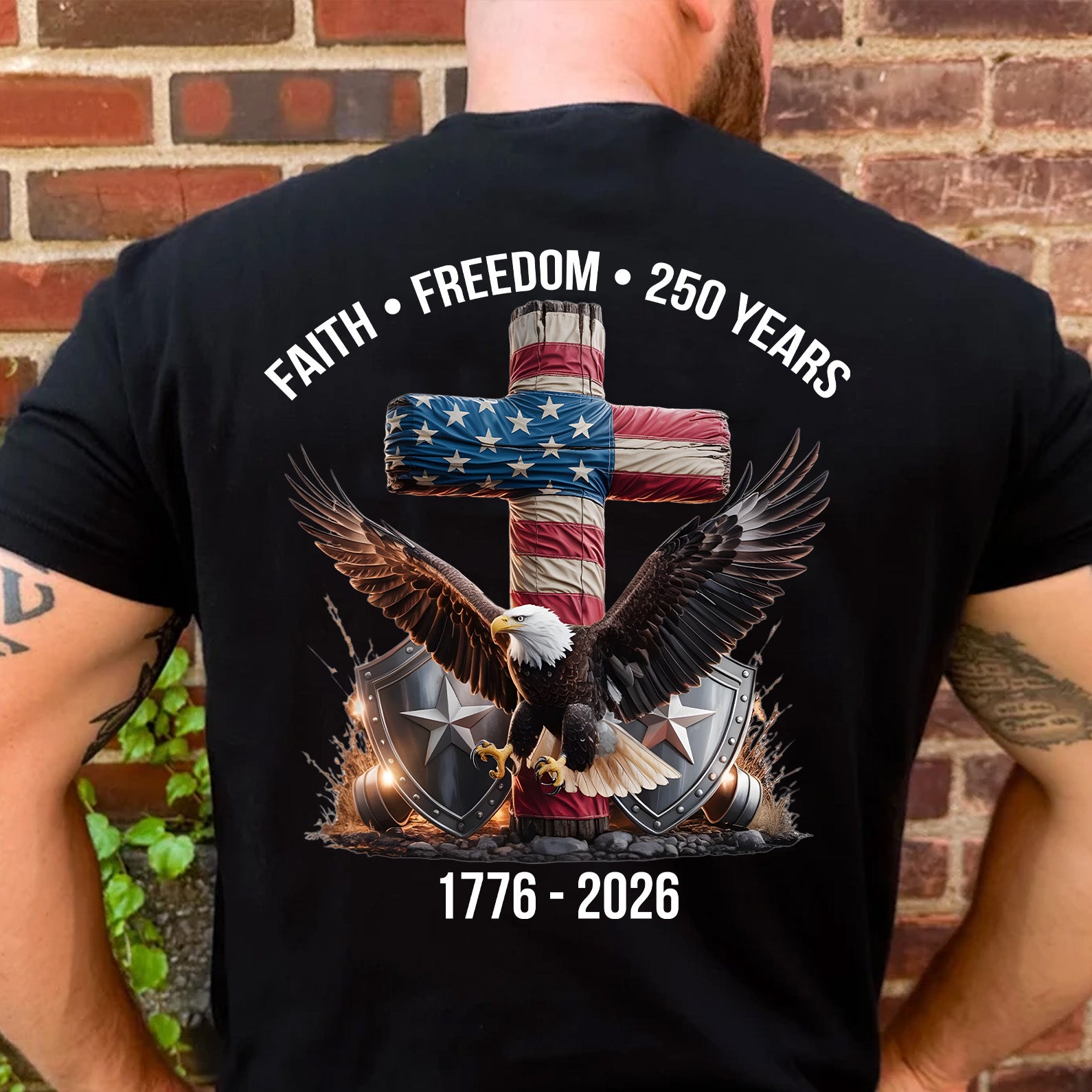 250 Years Of Freedom Shirt, 1776-2026 Eagle Patriotic T-shirt, Patriotic Christian Eagle Cross Backside Shirt