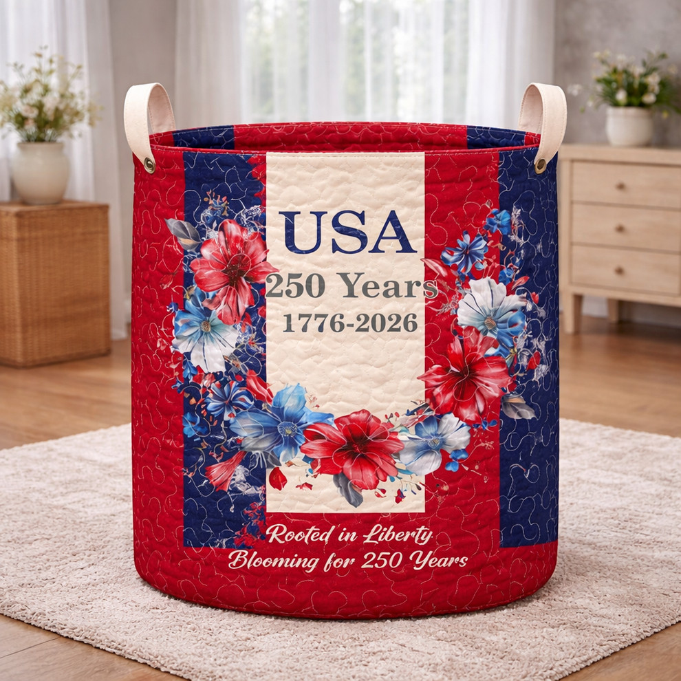 250 Years Of Independence Quilted Laundry Basket USA Patriotic Floral Home Decor 4th Of July Gift
