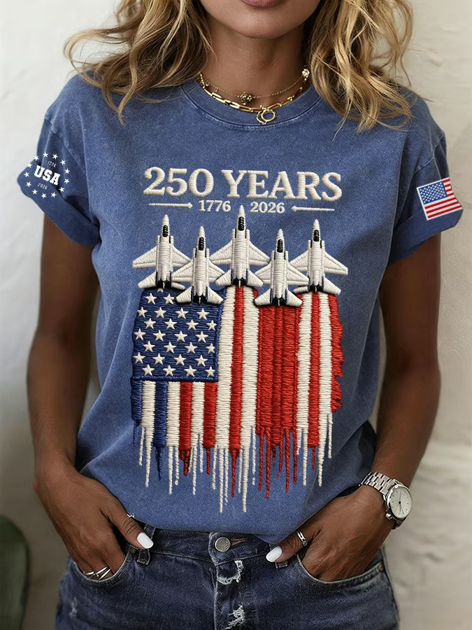 250 Years Of Independence T-Shirt 1776 2026 USA Patriotic Jet Fighter Embroidered Best Gift Ideas