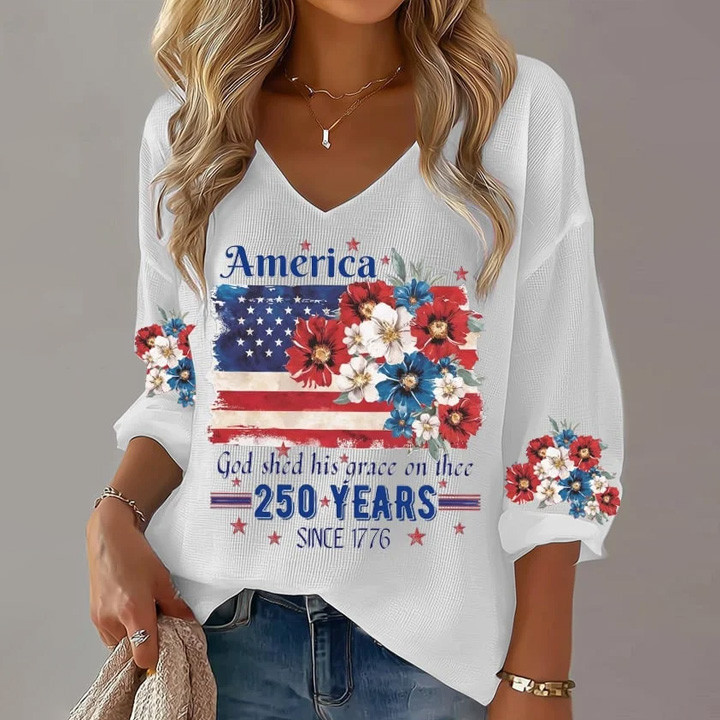 250 Years Since 1776 V-Neck Long Sleeve Shirt God Shed His Grace On Thee Faith Based Apparel
