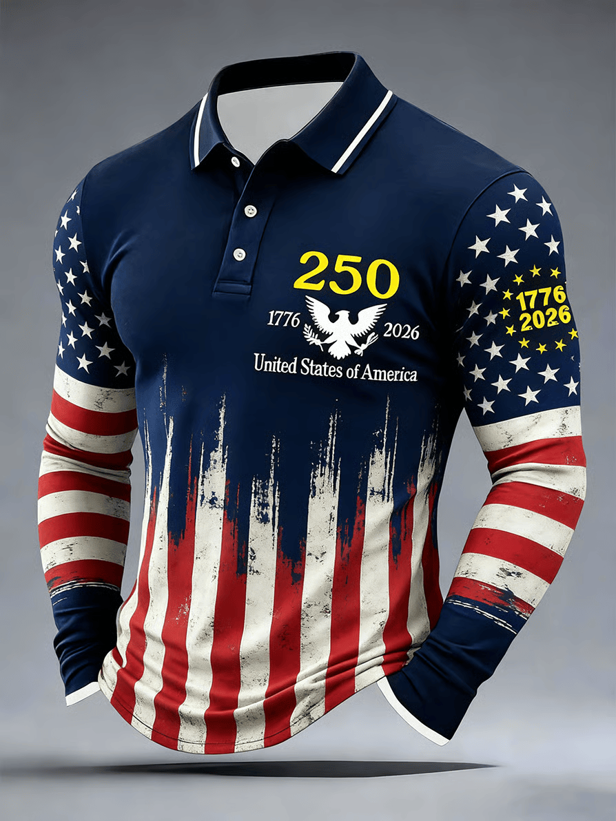 250 Years USA 1776 2026 Long Sleeve Polo Shirt July 4 Clothes Patriotic Gifts For Him