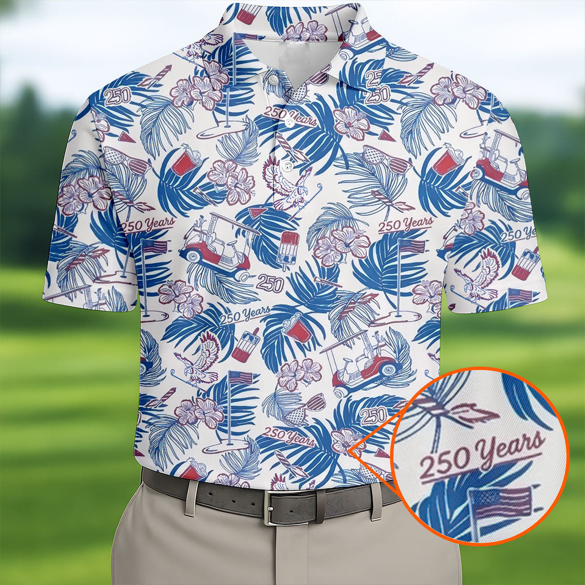 250 Years USA Tropical Floral Golf Polo Shirt Golf Polos For Men Gift Ideas Golf Lovers