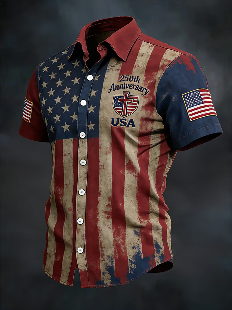 250th Anniversary 1776 2026 USA Cross Shield Button Shirt Patriotic Faith Gift For Christians