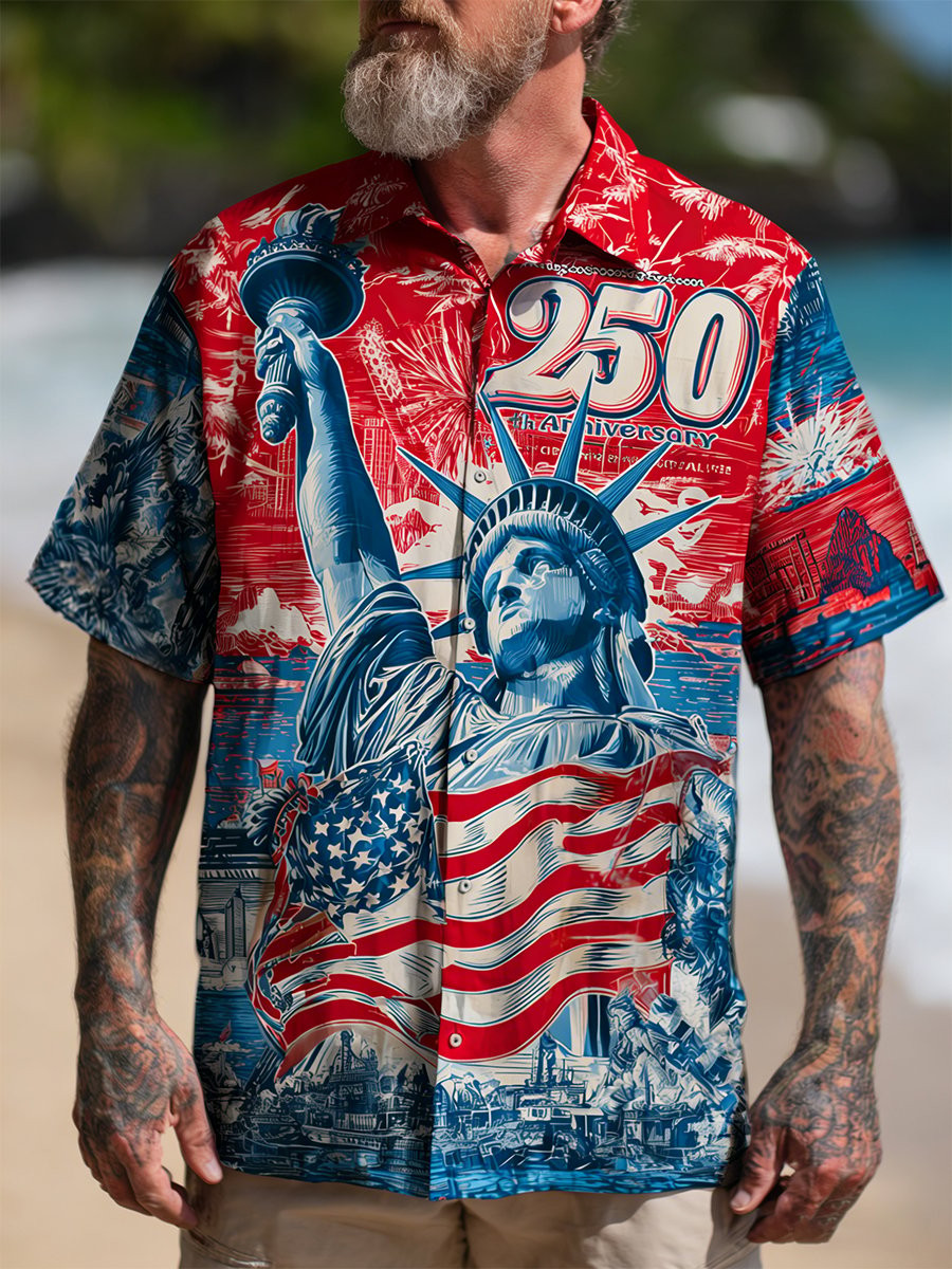 250th Anniversary Button Shirt Patriotic USA Flag Statue Of Liberty Clothing Gift For Dad