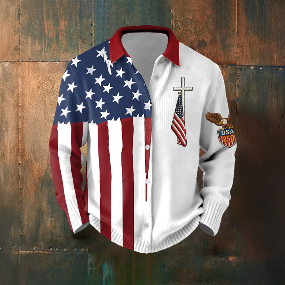 250th Anniversary Faith Cross Button Up Long Sleeve Shirt Independence Day 2026 Merch Gift For Patriots